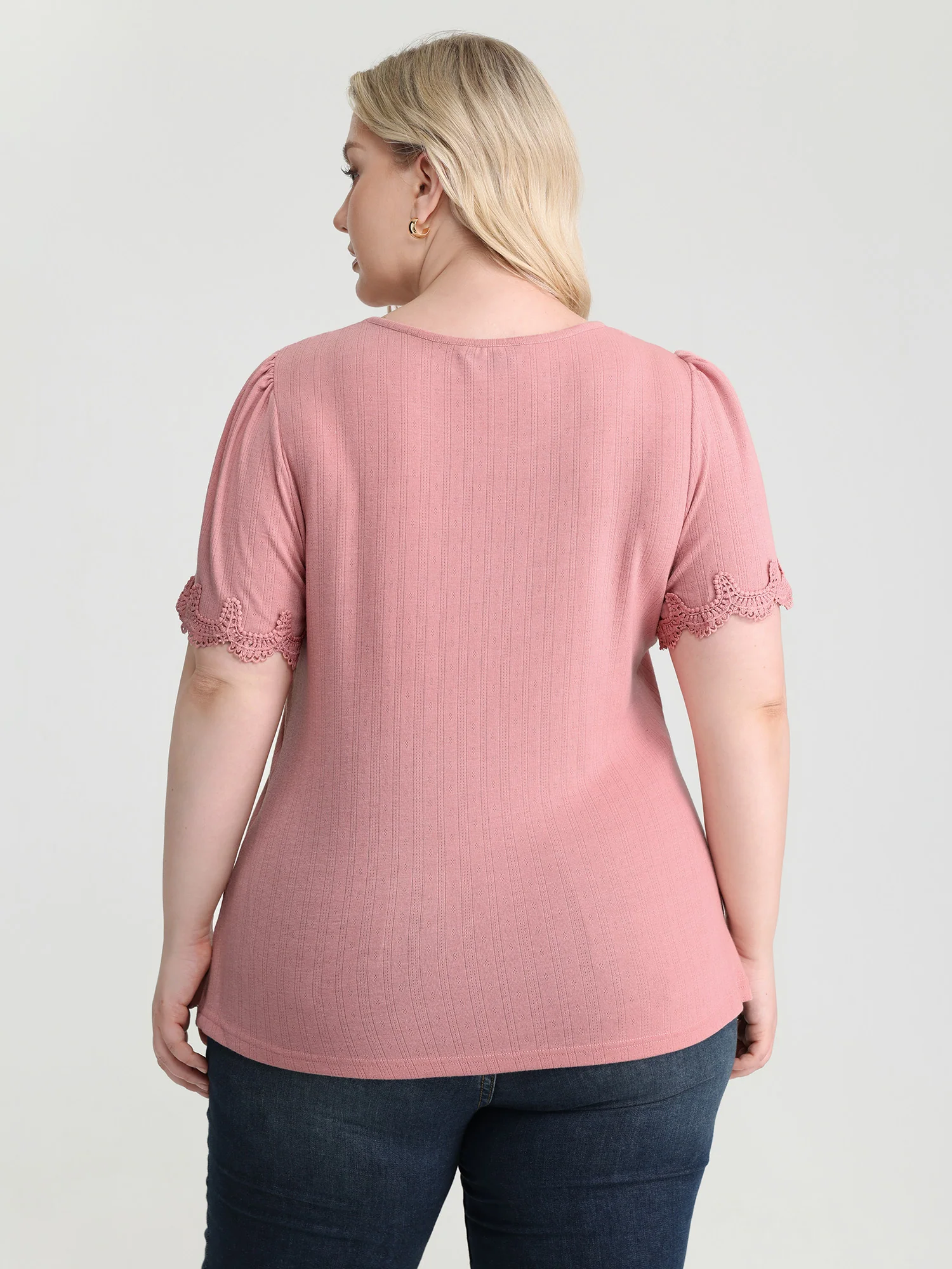 Lace Trim Textured Knit Plain Top - Image 4