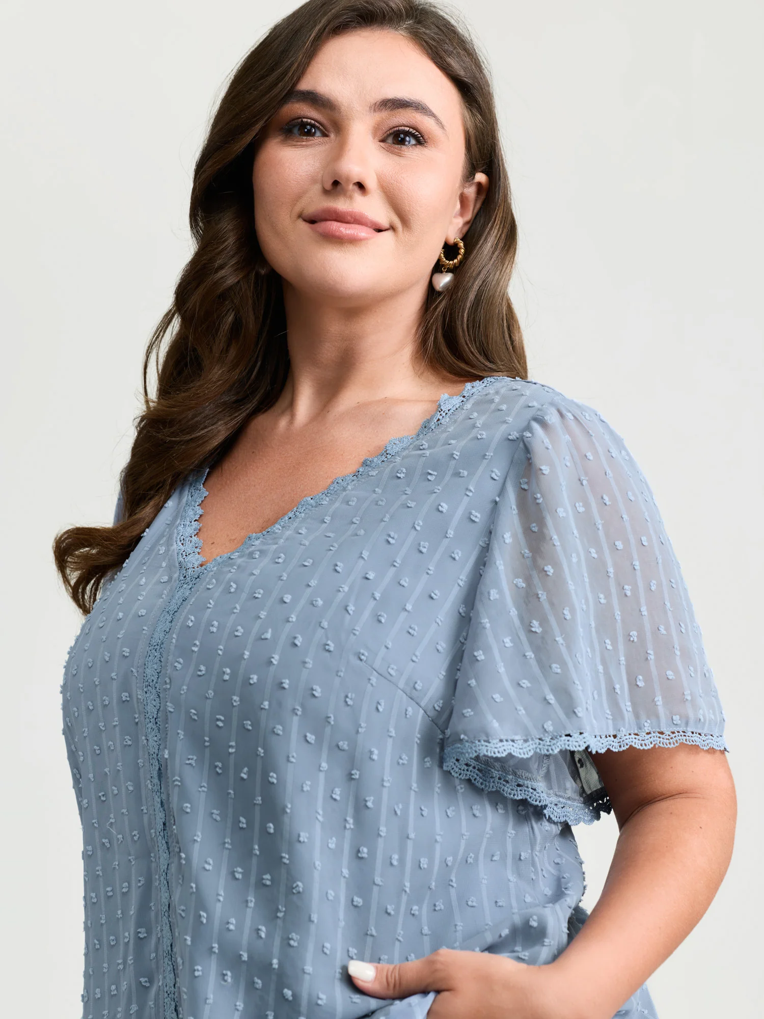 Lace Trim Textured V-Neck Blouse - Image 2