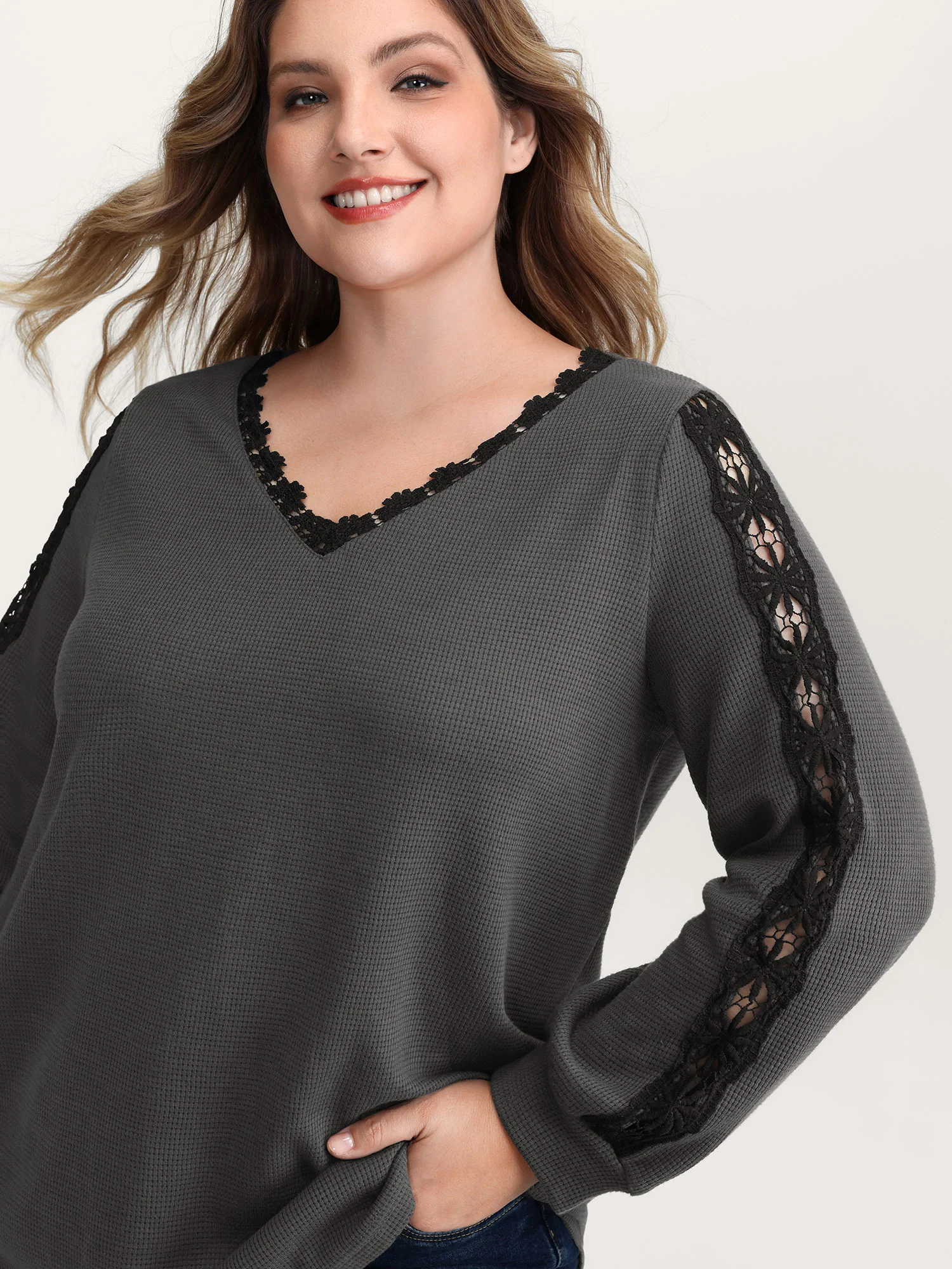 Lace Trim Textured V-Neck T-Shirt - Image 2