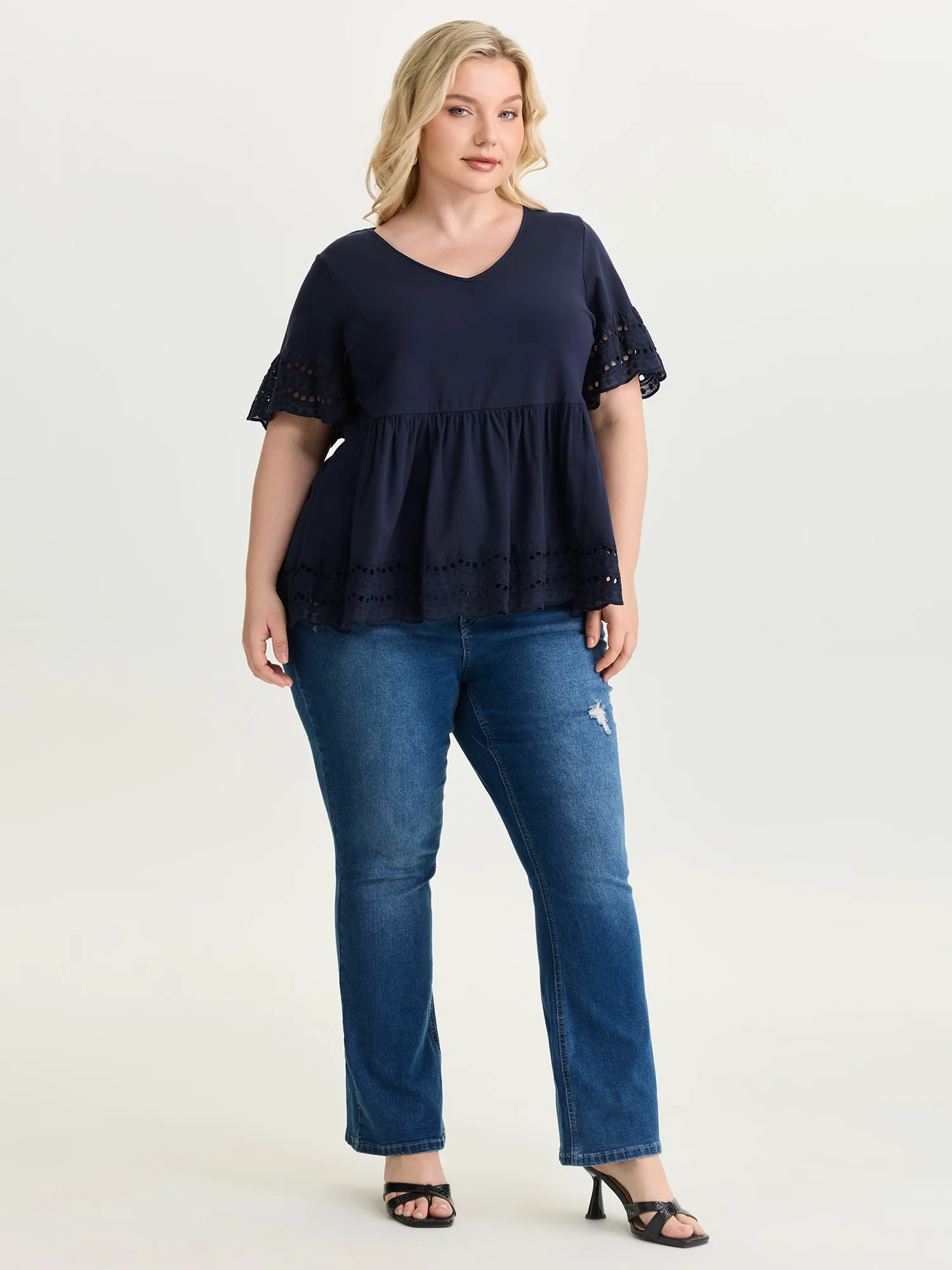 Lace Trim V-Neck Plain Knit Top - Image 3