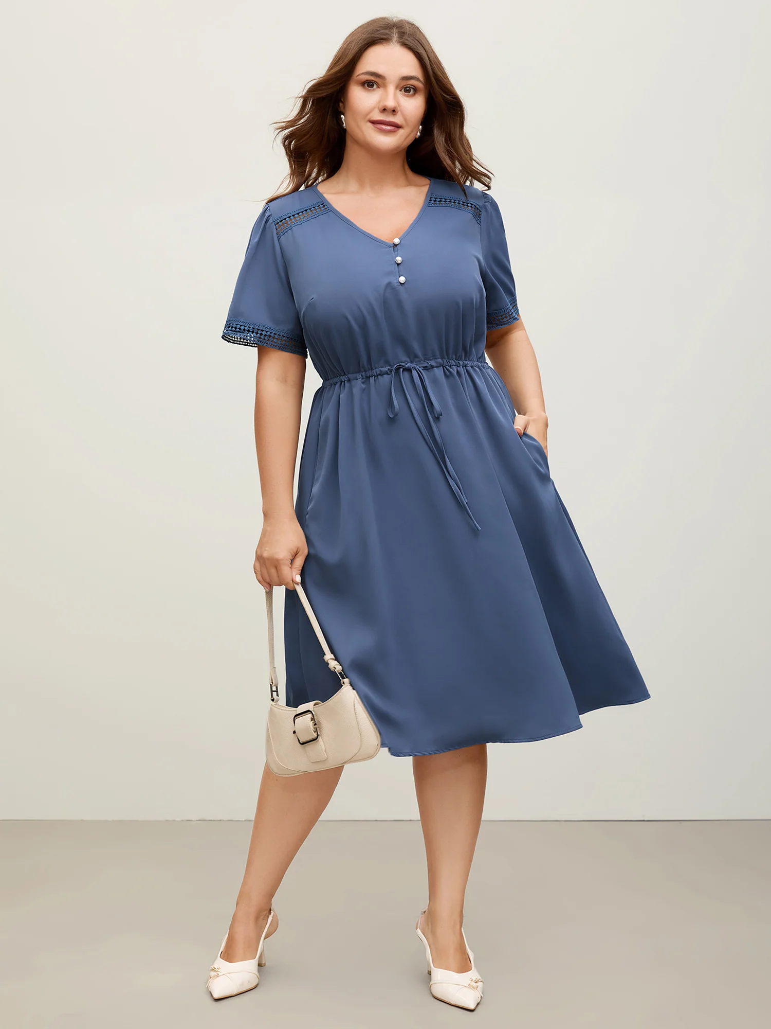 Lace Trim Waist-Drawstring Solid Midi Dress - Image 3