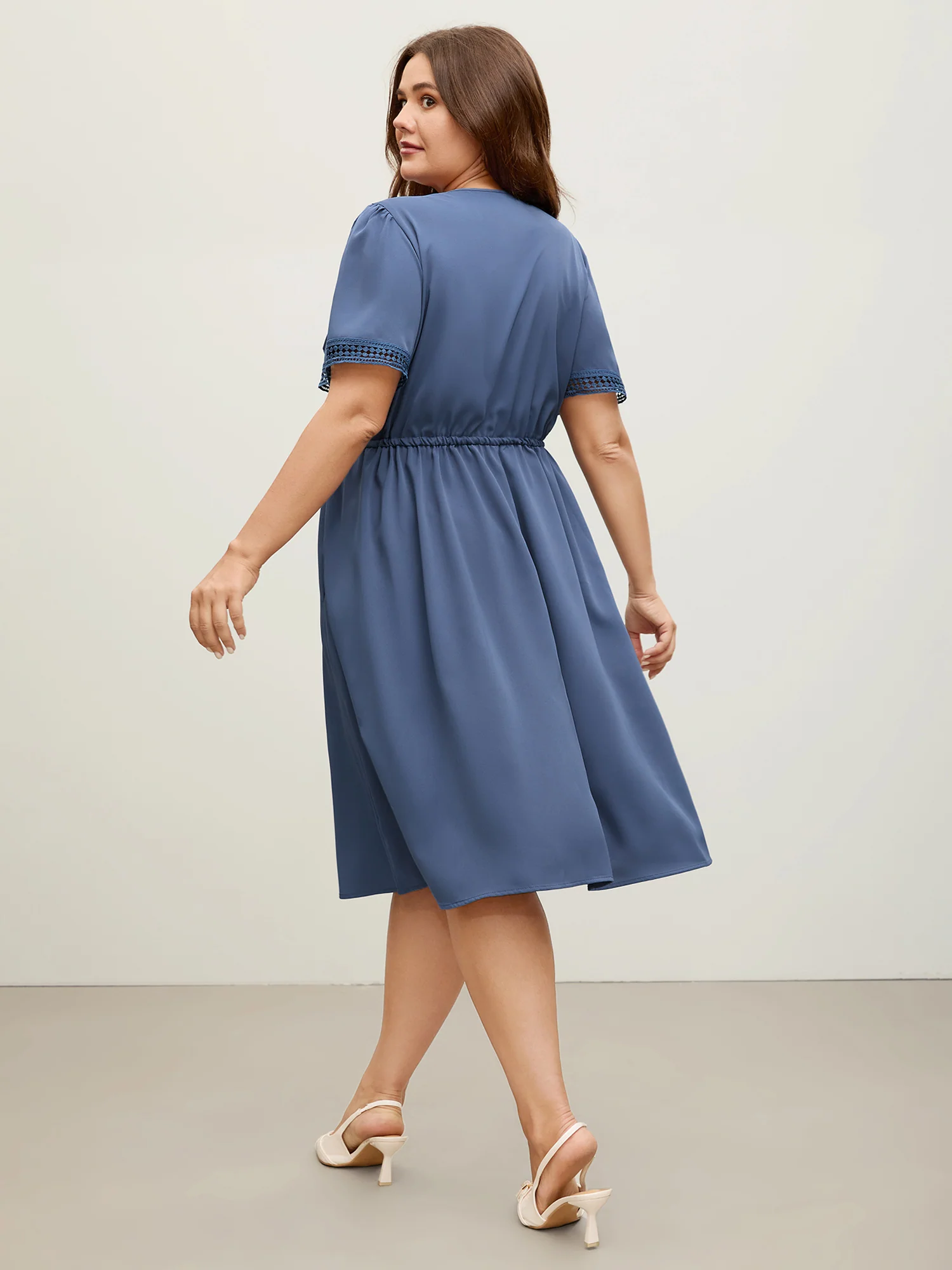 Lace Trim Waist-Drawstring Solid Midi Dress - Image 4