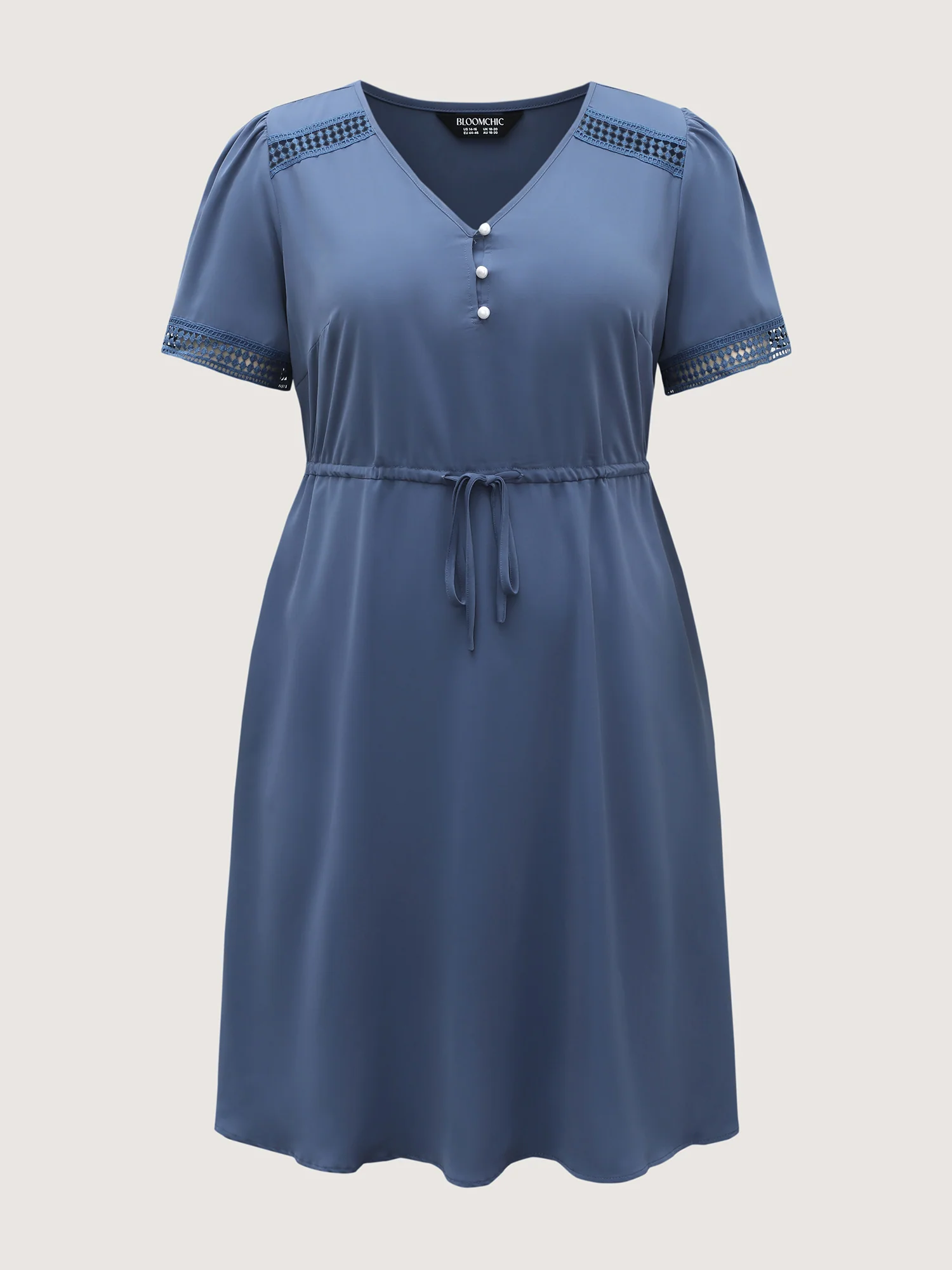 Lace Trim Waist-Drawstring Solid Midi Dress - Image 7