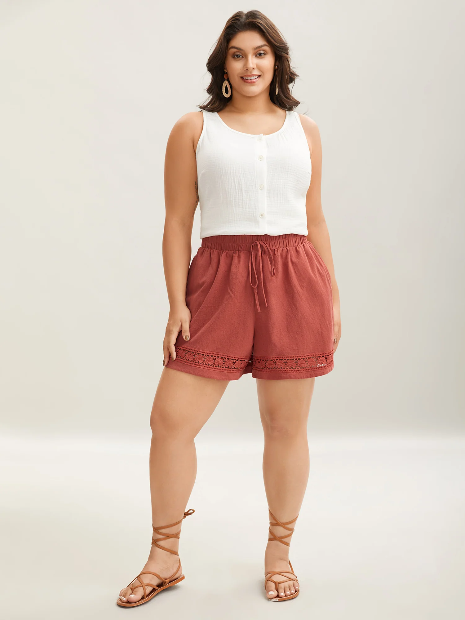 Cotton Lace Trim Waist-Tie Shorts - Image 3