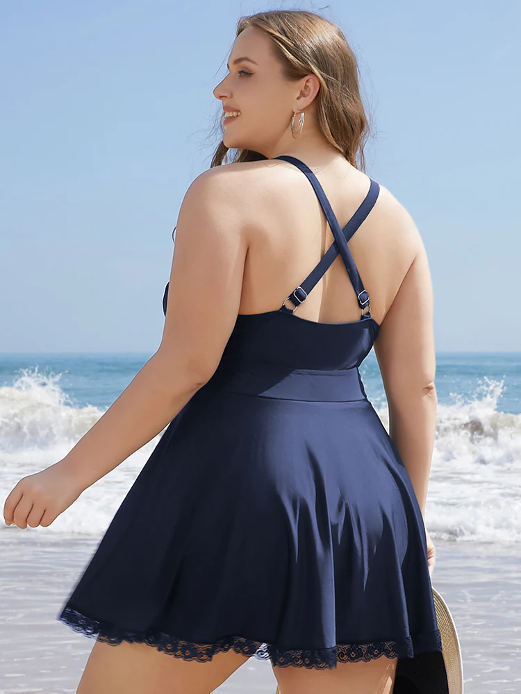 Lace Trim Wrap Crossover Back Ruffles Swim Dress - Image 2