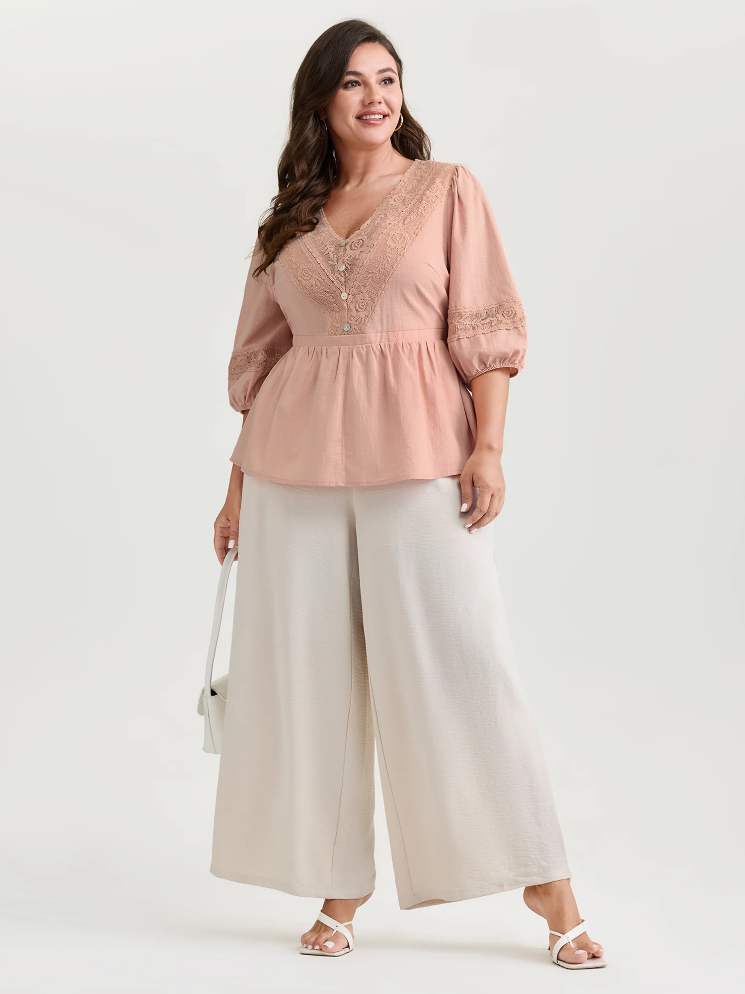 Cotton Lace V-Neckline Cinched-Flared Blouse - Image 3