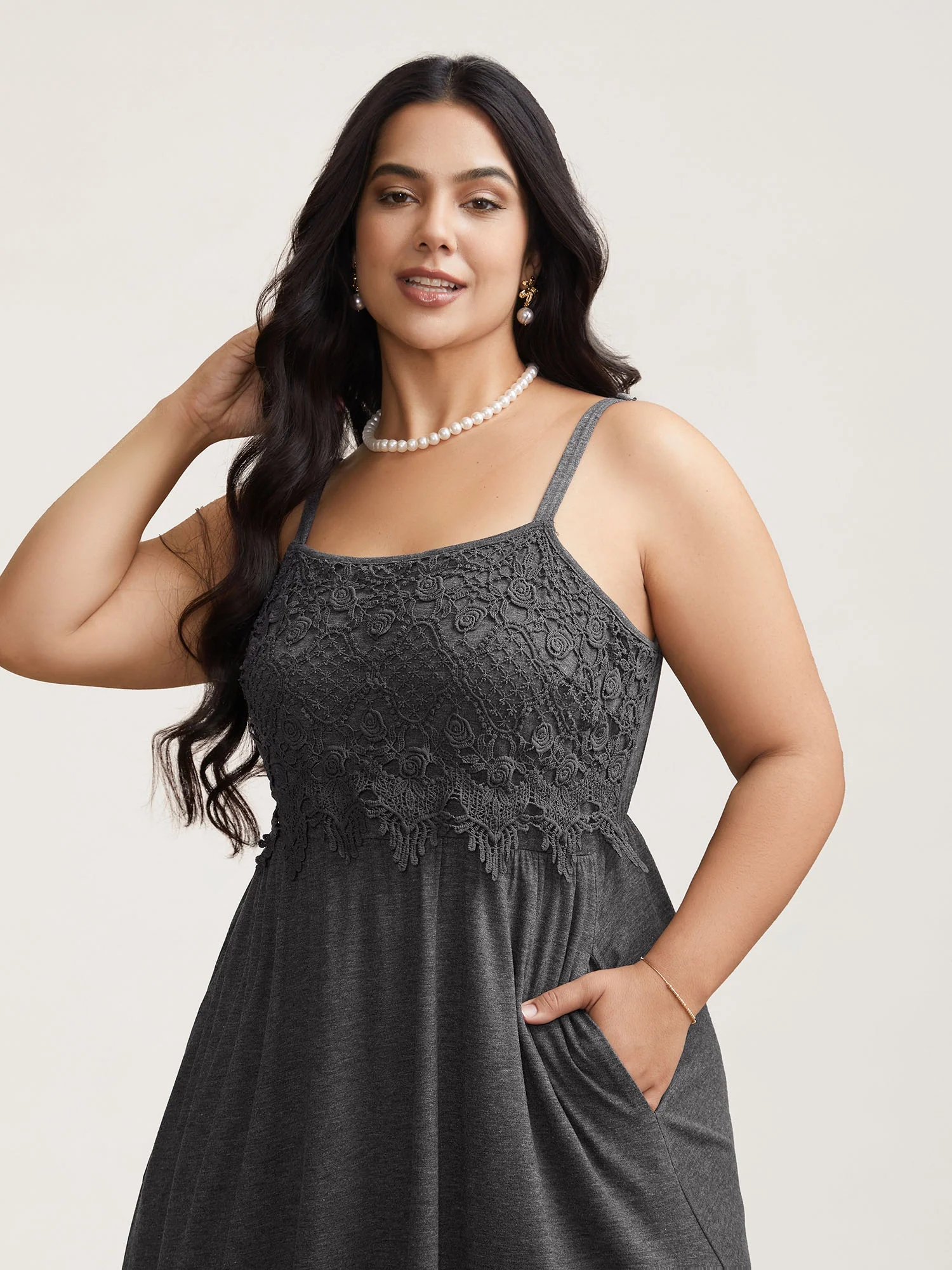 Lace Waist-Cinched Pockets Midi Dress - Image 3