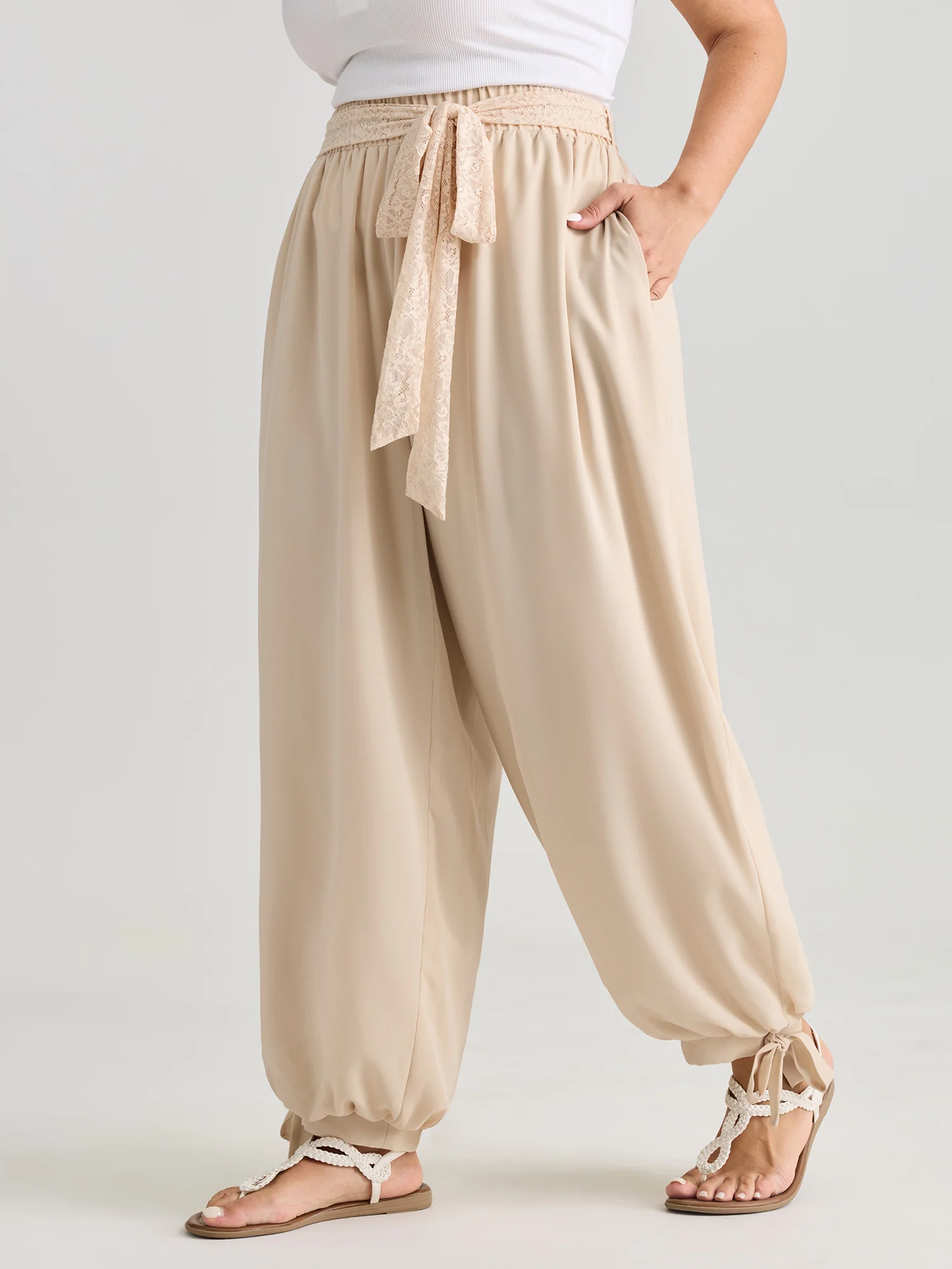 Lace Waist-Tie Cuffed Hem Pants - Image 2