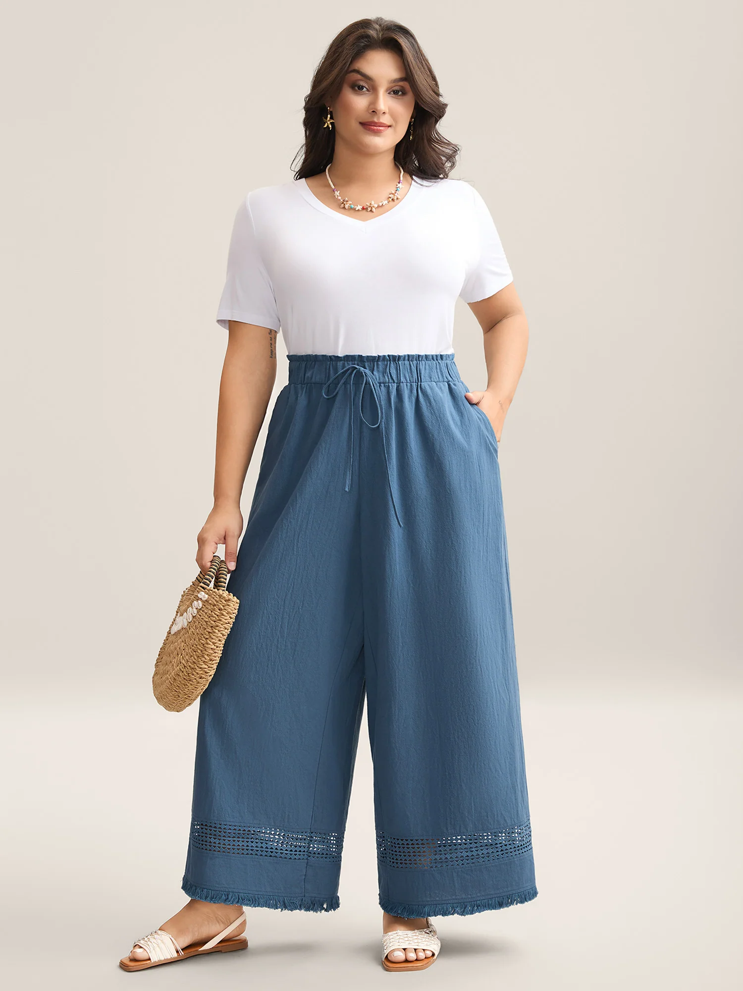 Cotton Waist-Tie Lace Wide-Leg Pants - Image 3