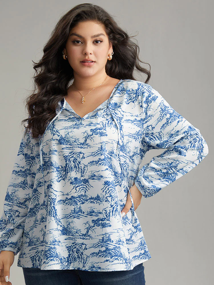 Landscape Print Tie Neck Blouse - Image 2