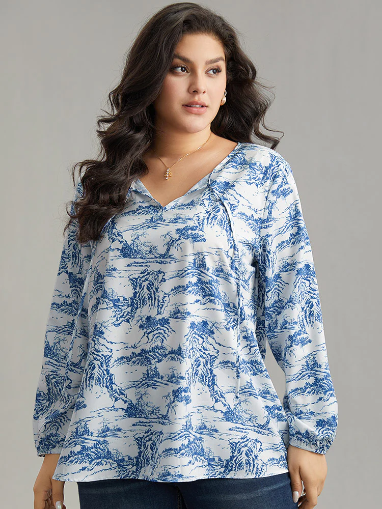 Landscape Print Tie Neck Blouse - Image 3