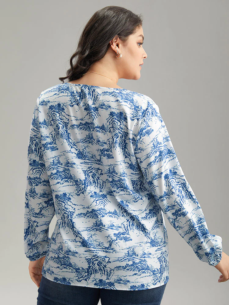Landscape Print Tie Neck Blouse - Image 4