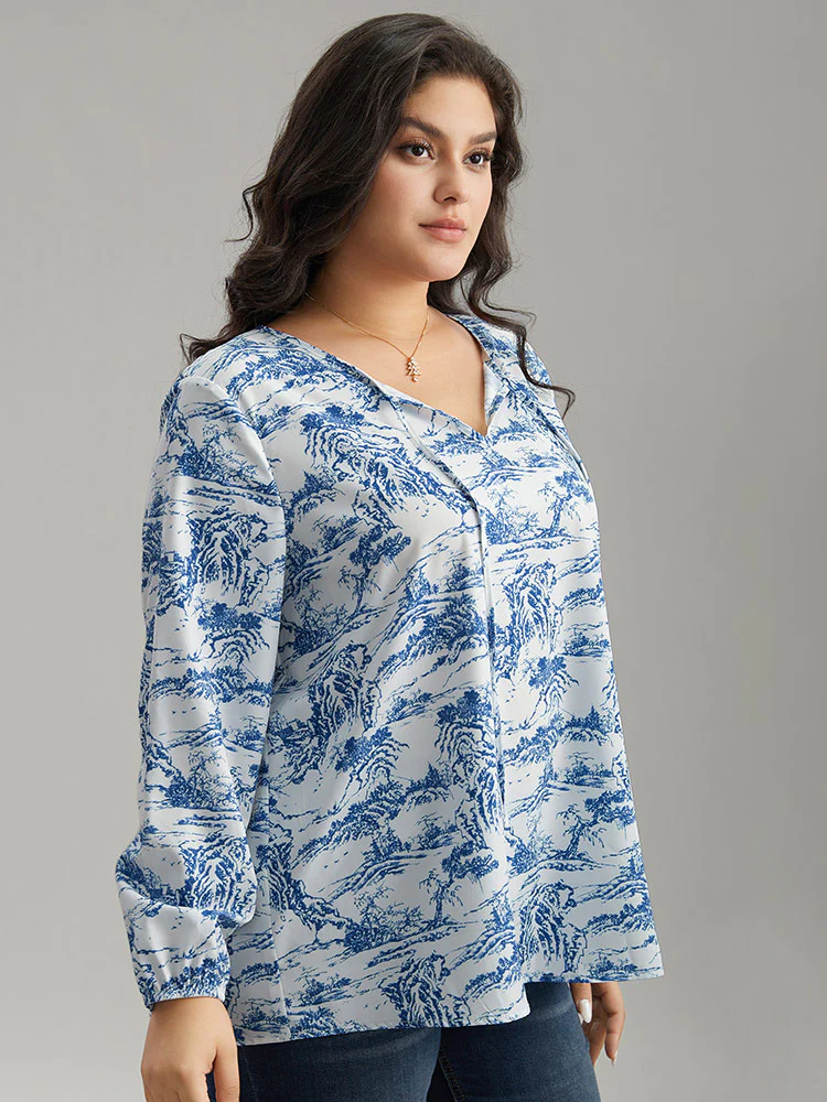 Landscape Print Tie Neck Blouse - Image 5