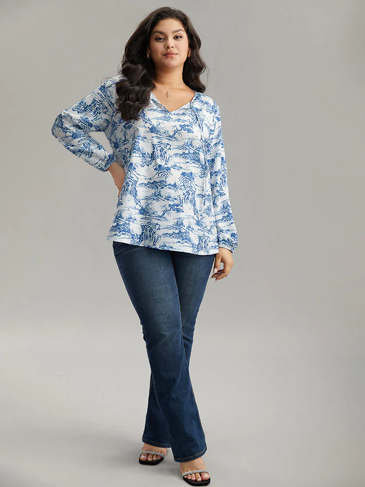 Landscape Print Tie Neck Blouse - Image 6