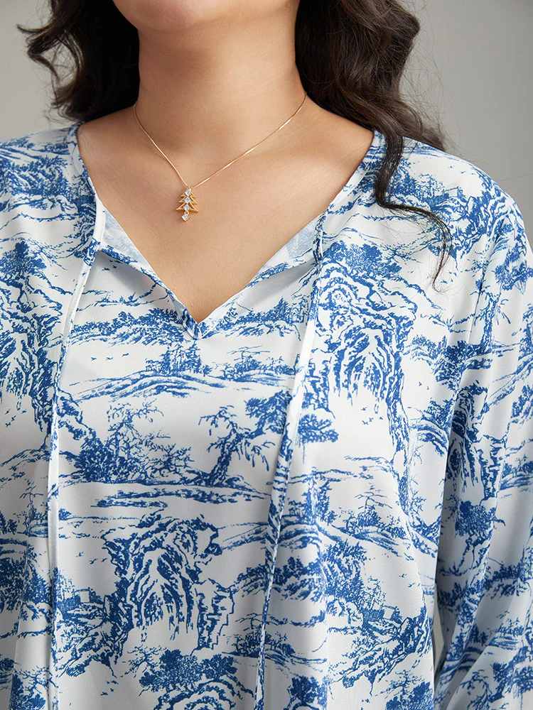 Landscape Print Tie Neck Blouse - Image 7