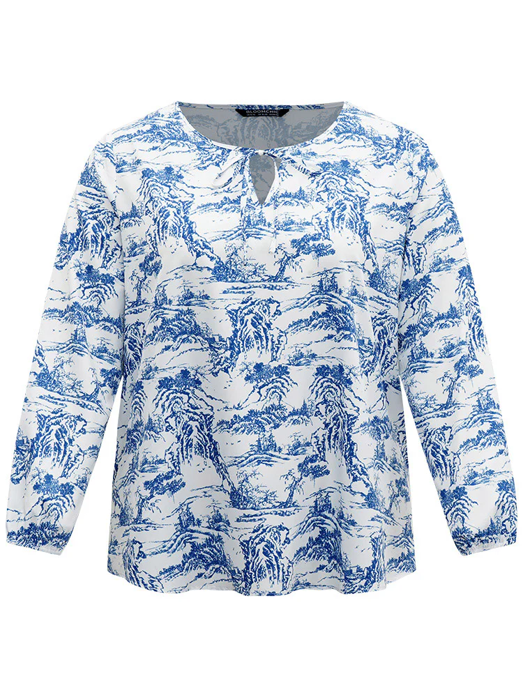 Landscape Print Tie Neck Blouse - Image 9