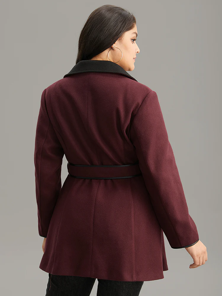 Lapel Collar Contrast Patchwork Zipper Belted Coat - Image 2