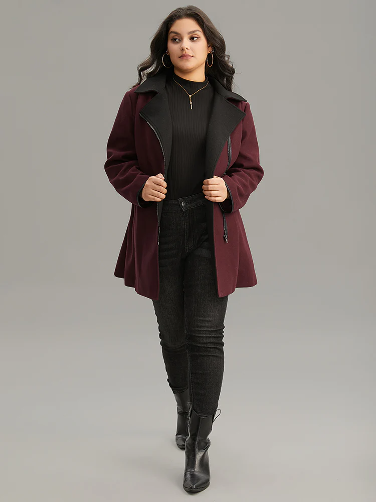 Lapel Collar Contrast Patchwork Zipper Belted Coat - Image 3