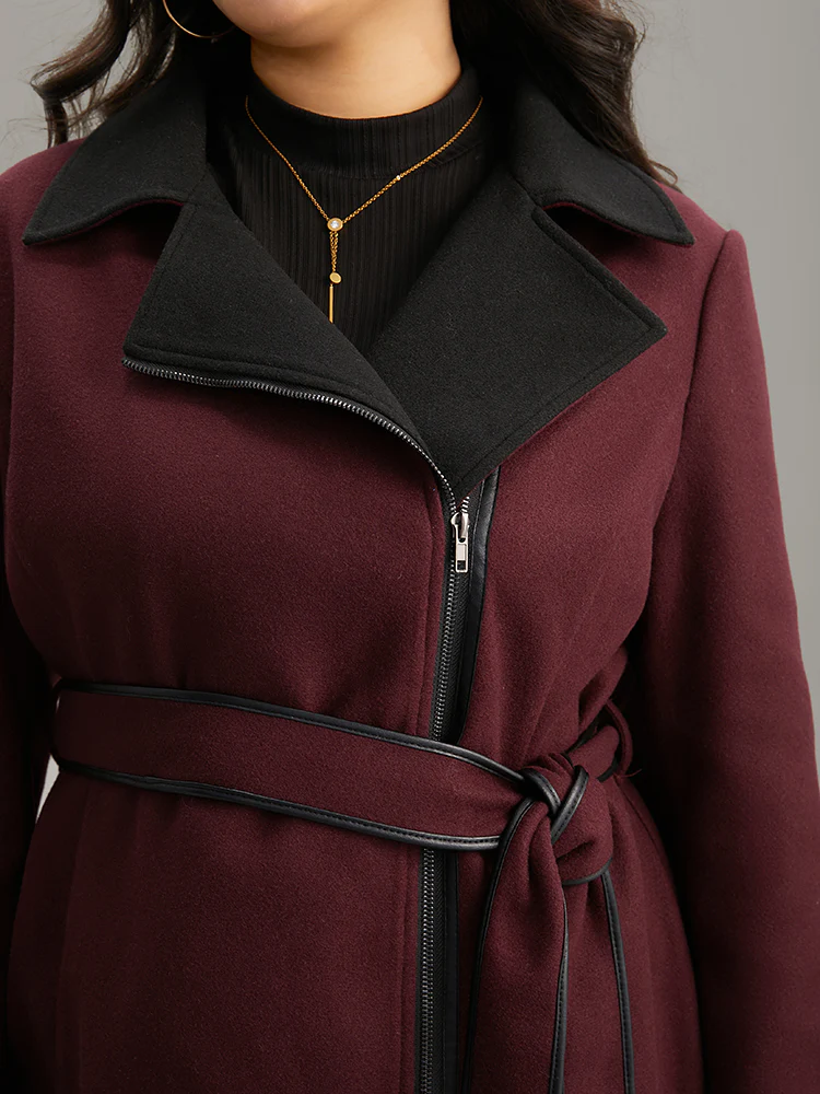 Lapel Collar Contrast Patchwork Zipper Belted Coat - Image 4