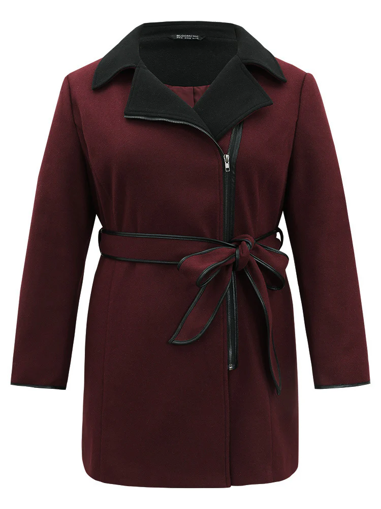 Lapel Collar Contrast Patchwork Zipper Belted Coat - Image 5