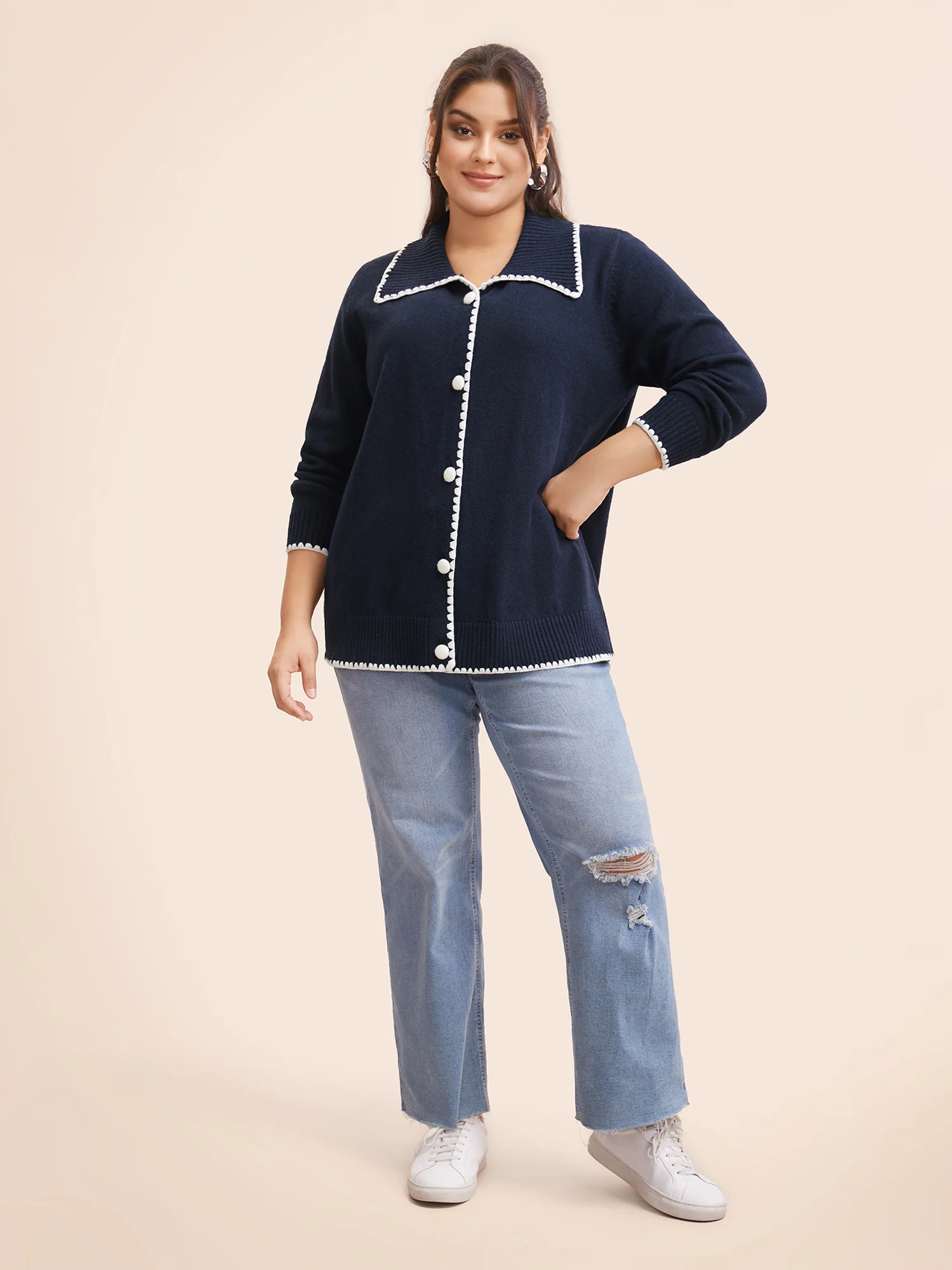 Lapel Collar Contrast Trim Cardigan - Image 3