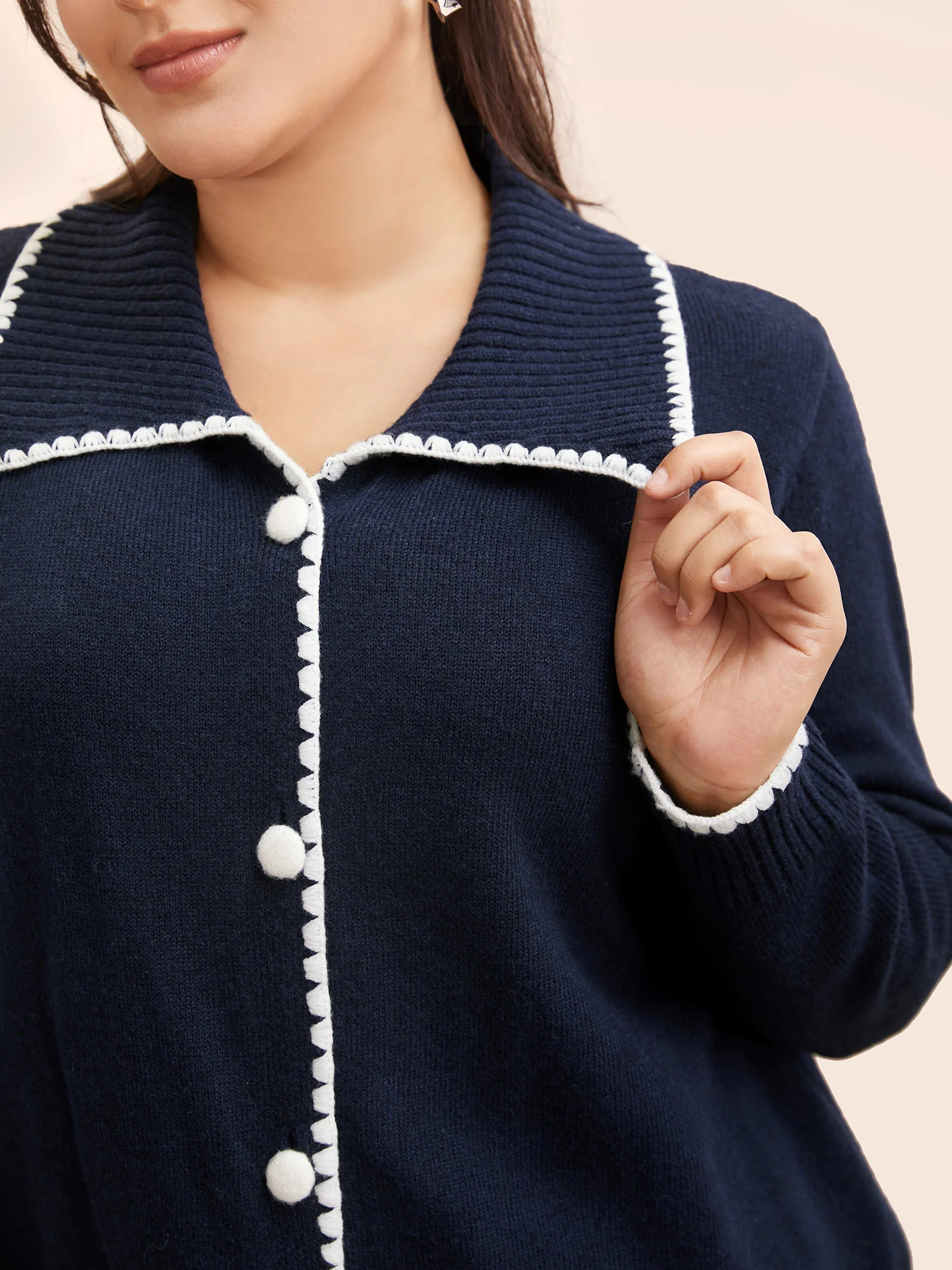 Lapel Collar Contrast Trim Cardigan - Image 4