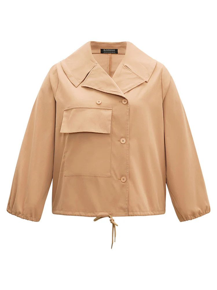 Lapel Collar Drawstring Pocket Button Detail Coat - Image 11