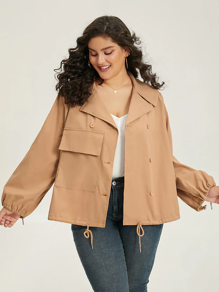 Lapel Collar Drawstring Pocket Button Detail Coat - Image 2