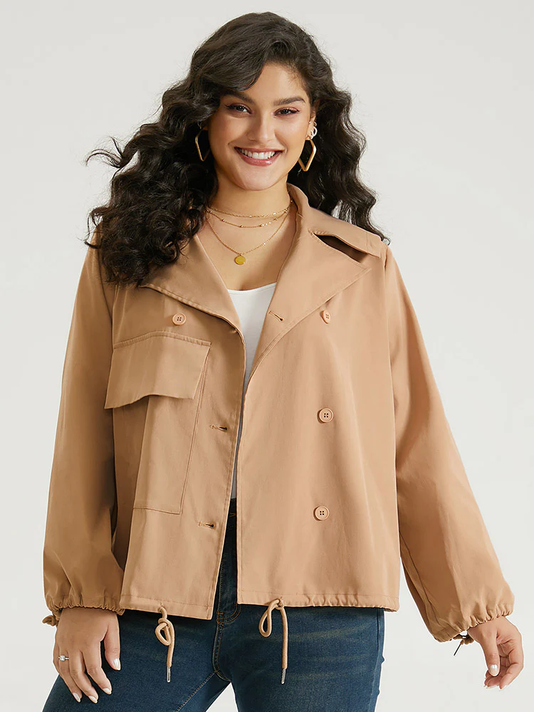 Lapel Collar Drawstring Pocket Button Detail Coat - Image 4