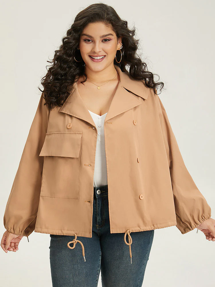 Lapel Collar Drawstring Pocket Button Detail Coat - Image 5