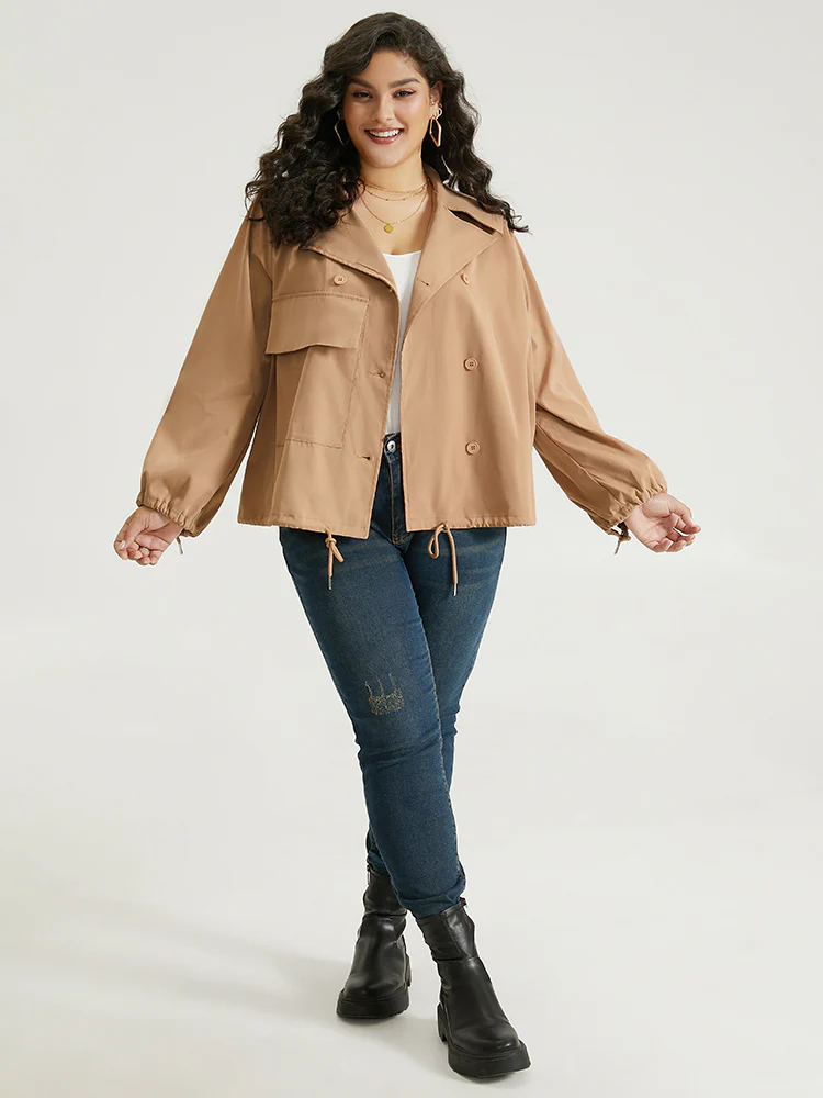 Lapel Collar Drawstring Pocket Button Detail Coat - Image 6