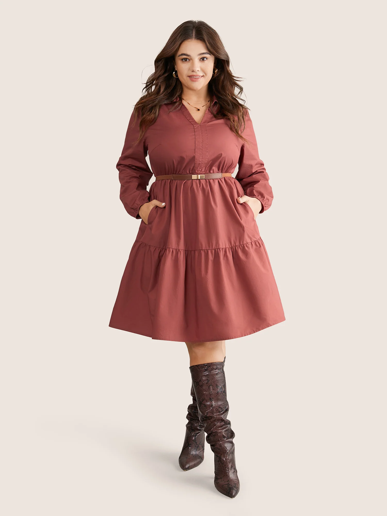Lapel Collar Gathered Pocket Lantern Sleeve Dress - Image 2
