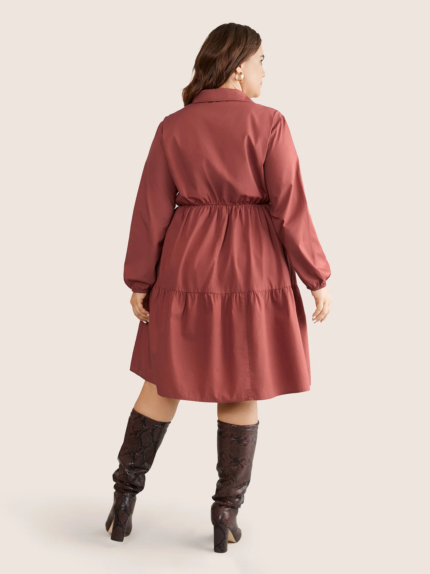 Lapel Collar Gathered Pocket Lantern Sleeve Dress - Image 3