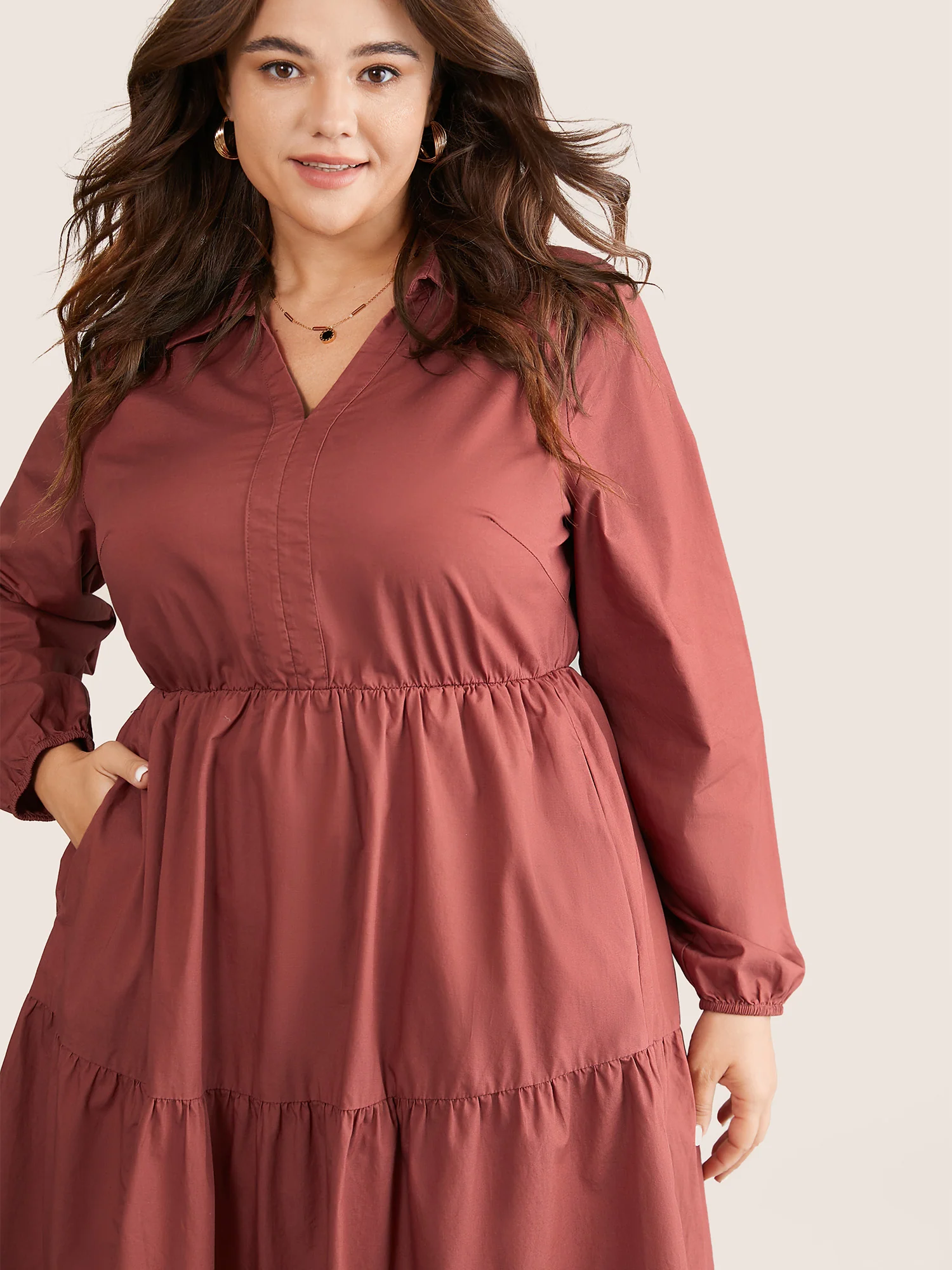 Lapel Collar Gathered Pocket Lantern Sleeve Dress - Image 4