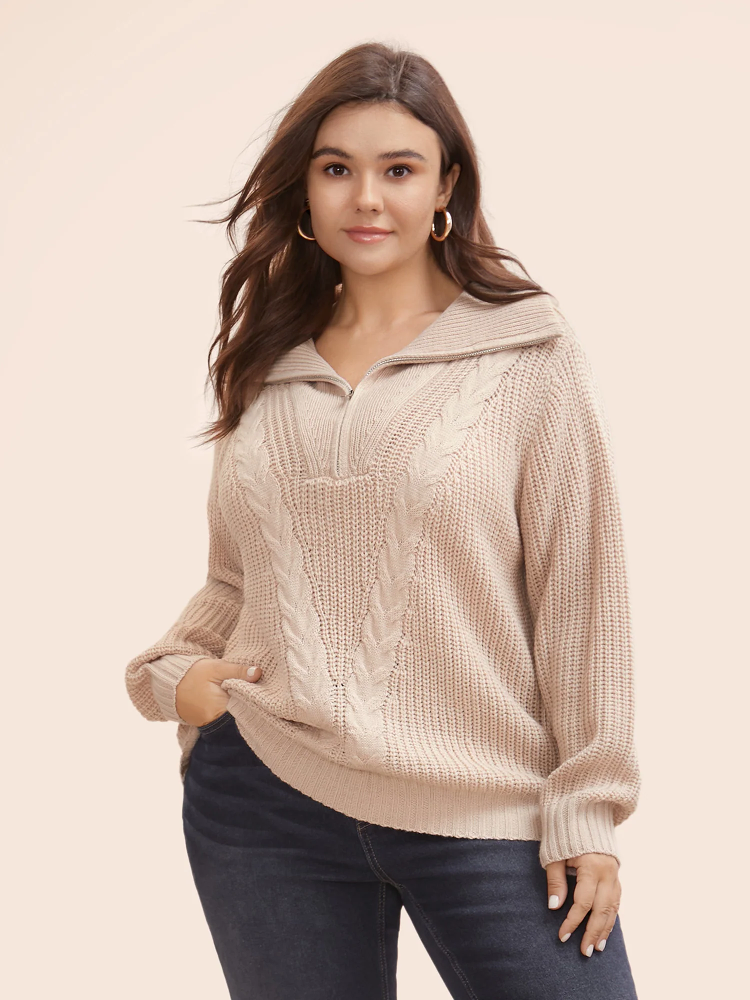 Lapel Collar Half Zip Cable Knit Pullover - Image 2