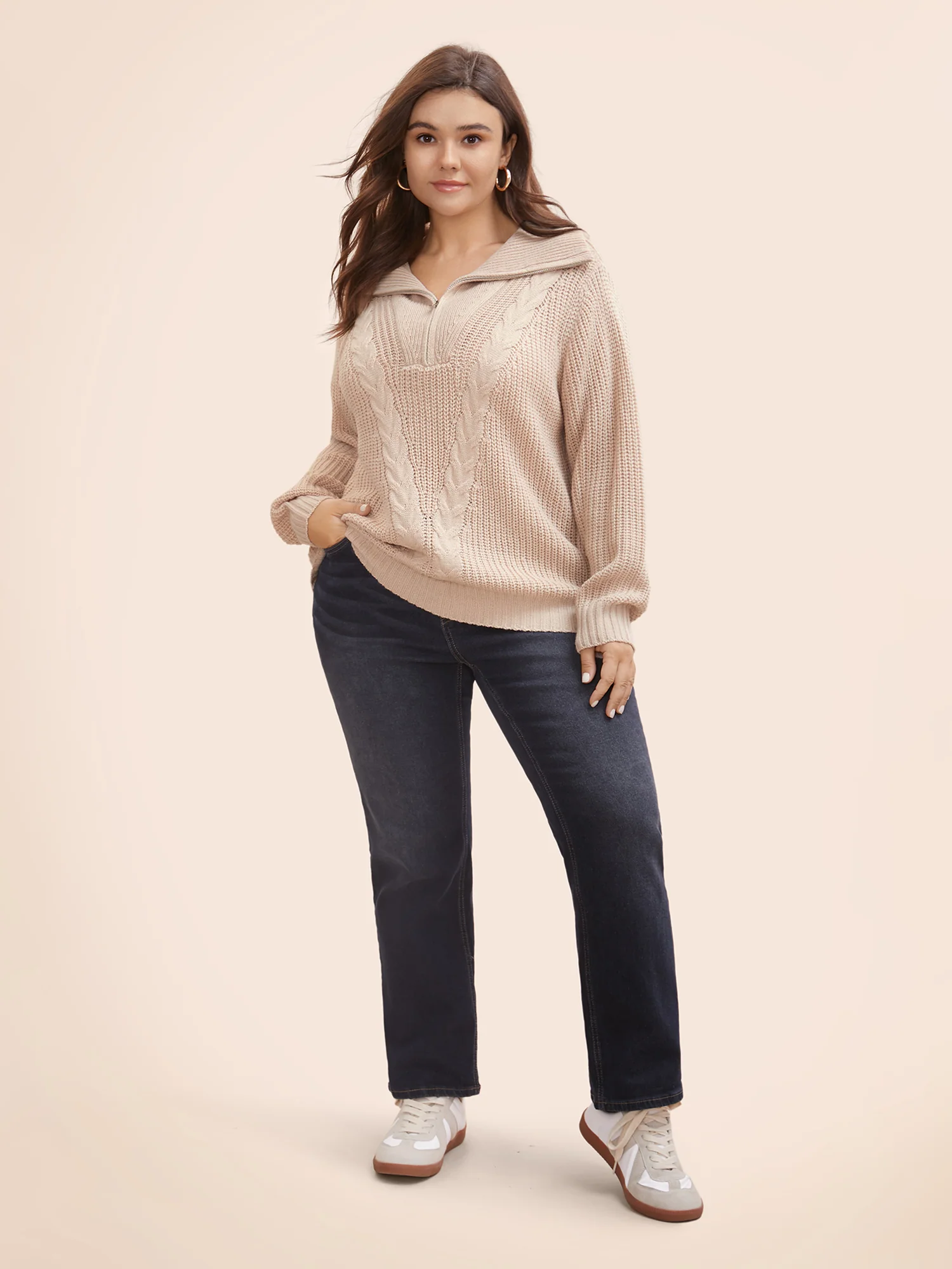 Lapel Collar Half Zip Cable Knit Pullover - Image 4