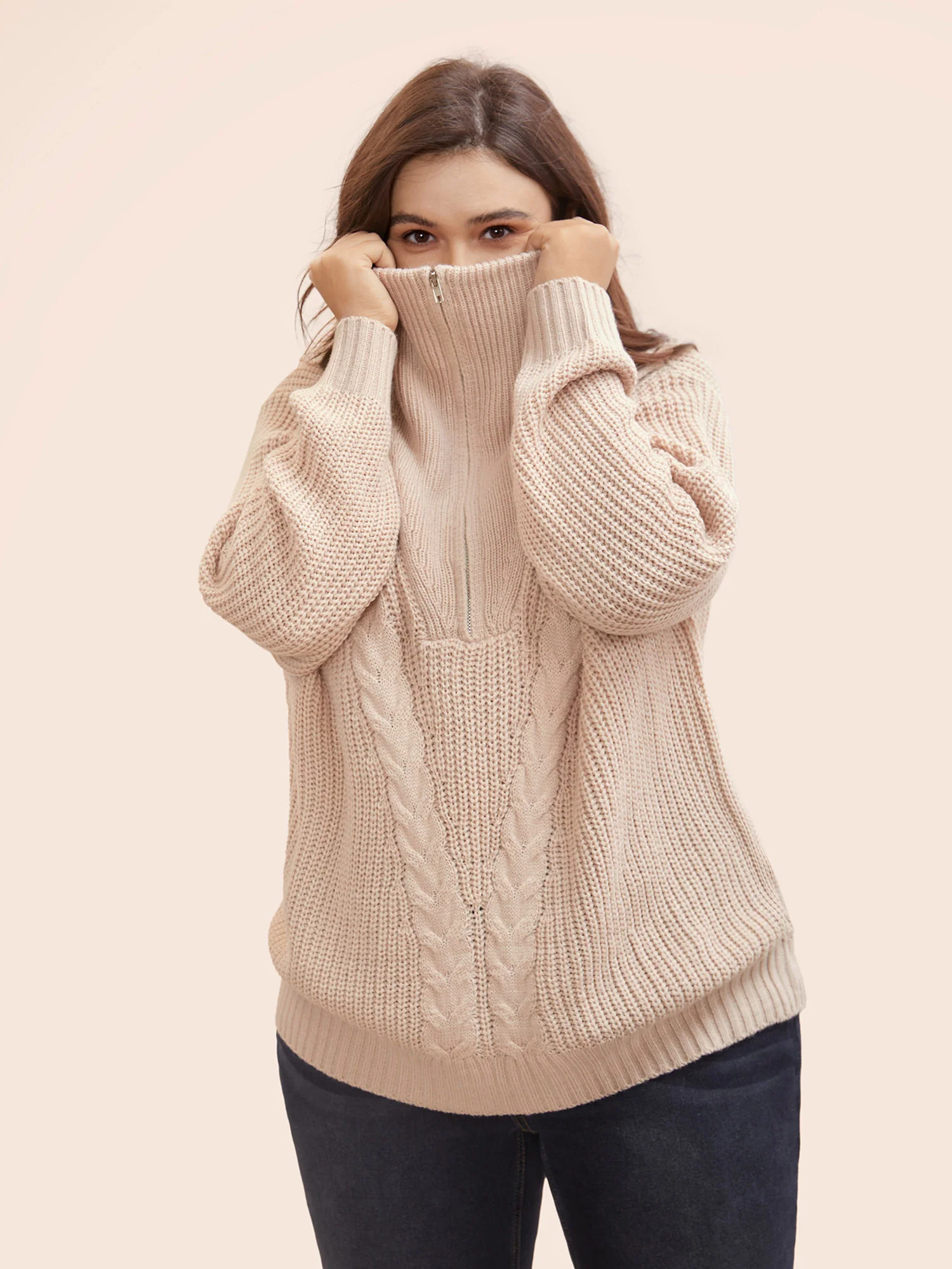 Lapel Collar Half Zip Cable Knit Pullover - Image 5