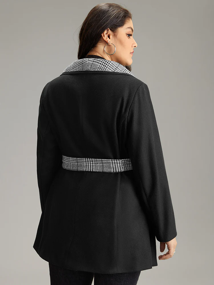Lapel Collar Patchwork Belted Contrast Coat - Image 2