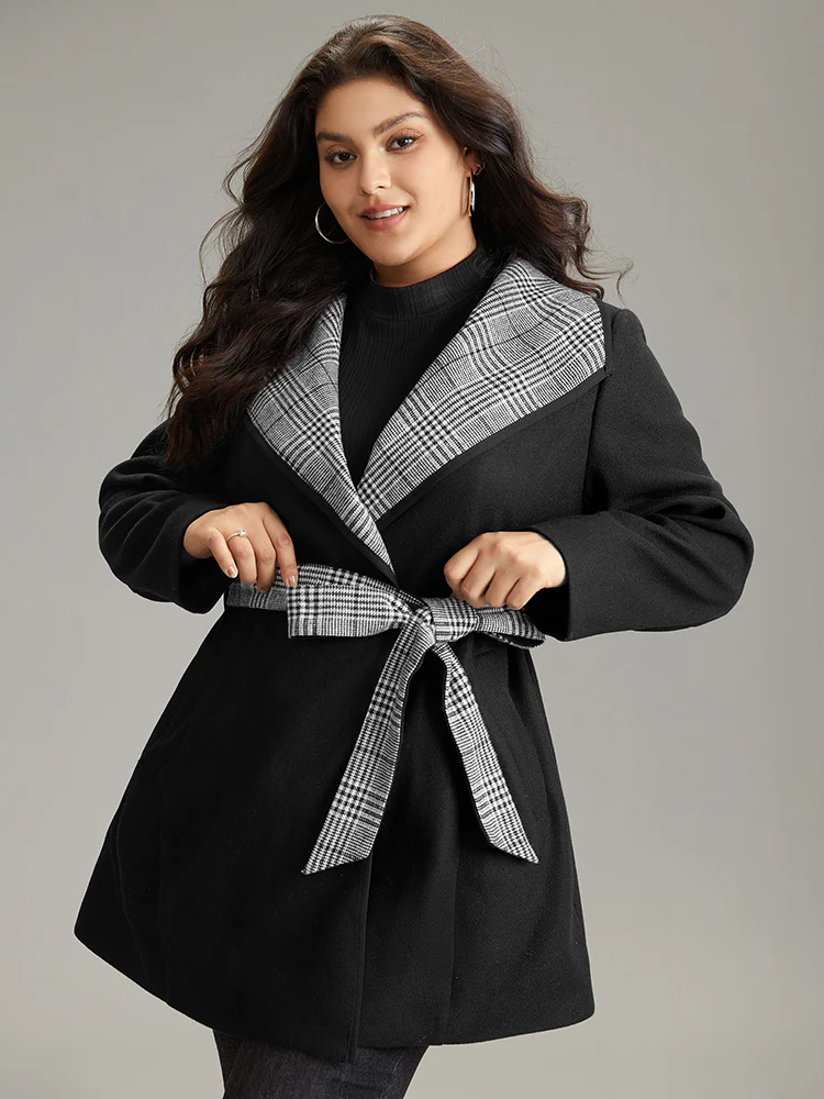 Lapel Collar Patchwork Belted Contrast Coat - Image 3