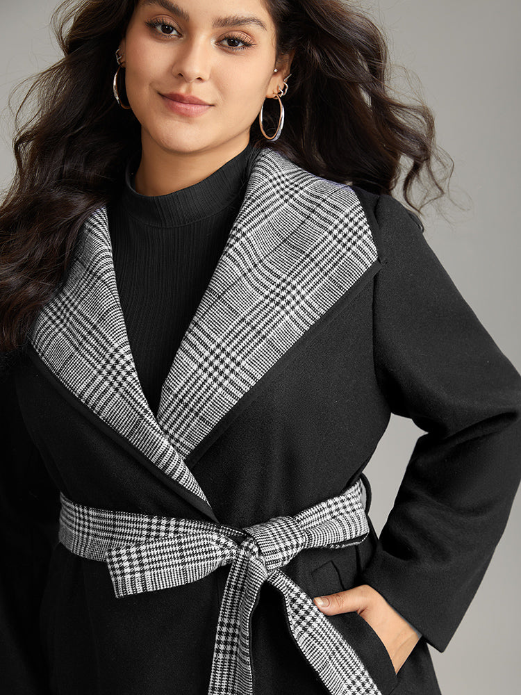 Lapel Collar Patchwork Belted Contrast Coat - Image 5