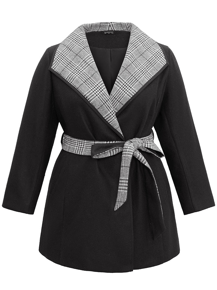 Lapel Collar Patchwork Belted Contrast Coat - Image 6