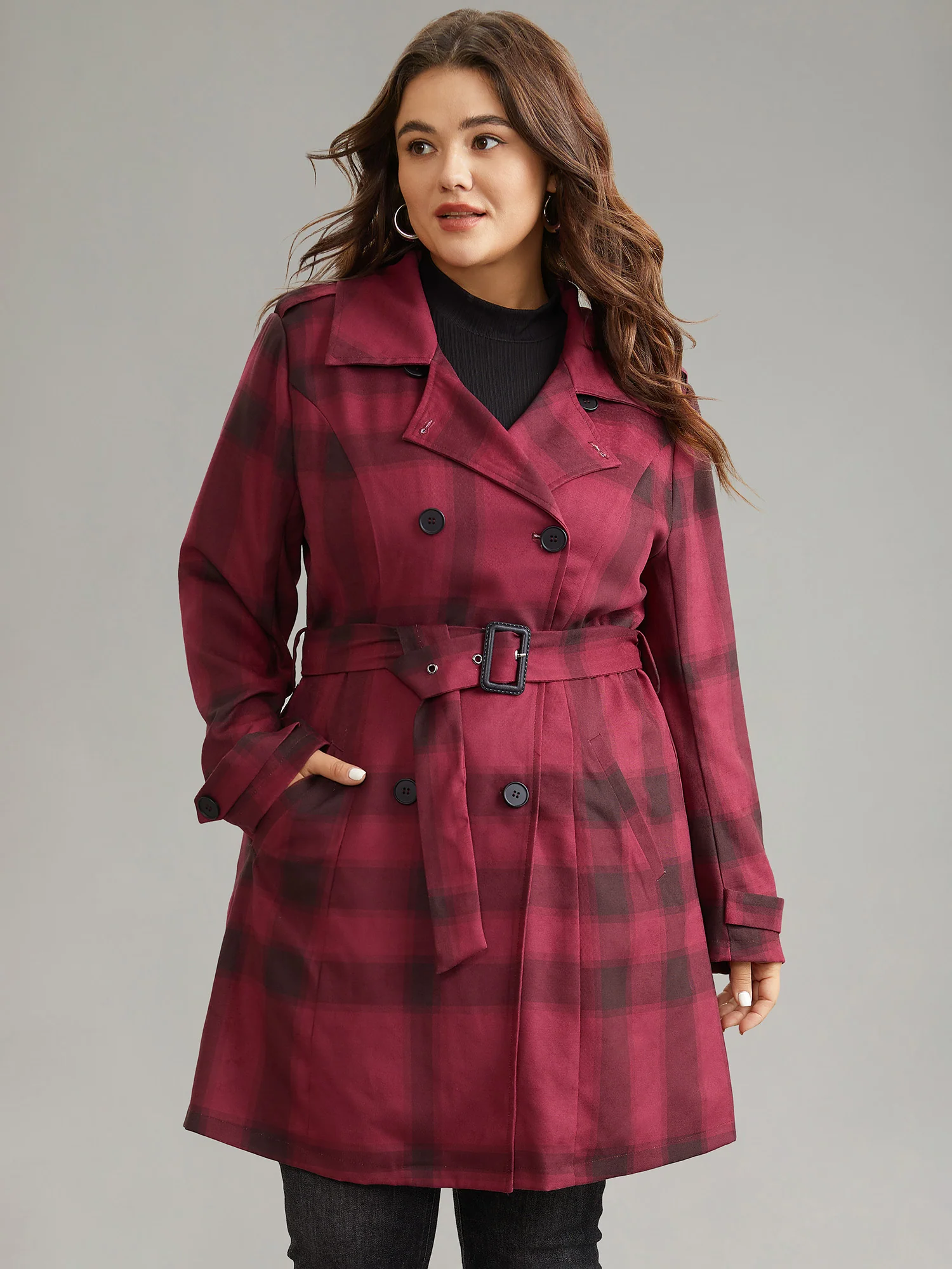 Lapel Collar Plaid Belted Double Breasted Coat - Image 2