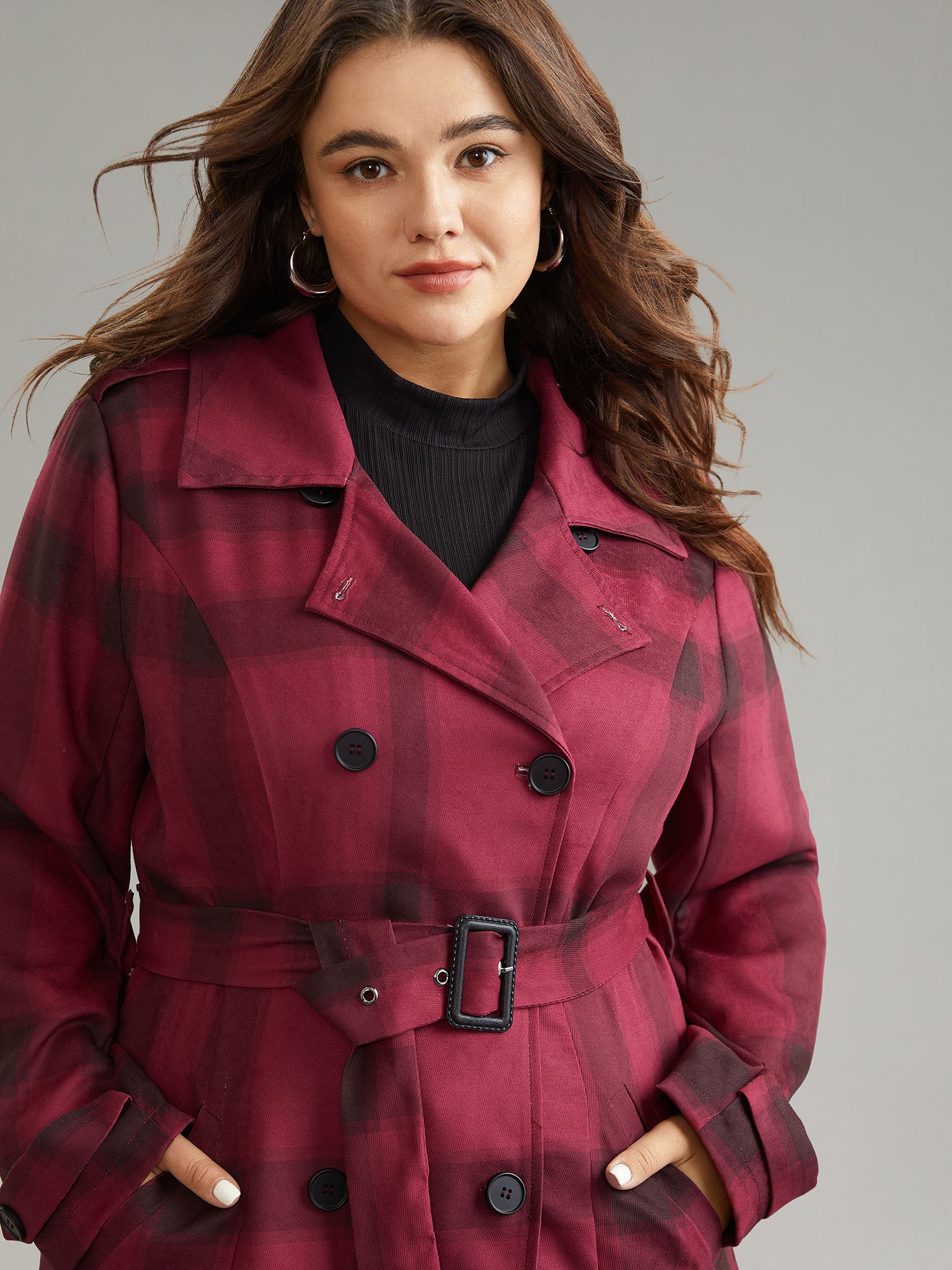 Lapel Collar Plaid Belted Double Breasted Coat - Image 3