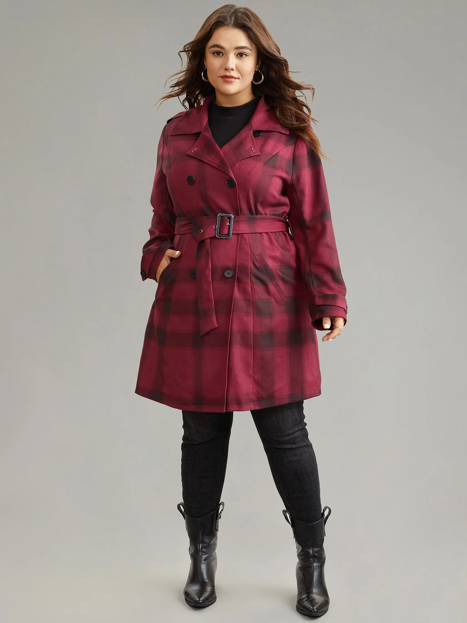 Lapel Collar Plaid Belted Double Breasted Coat - Image 4