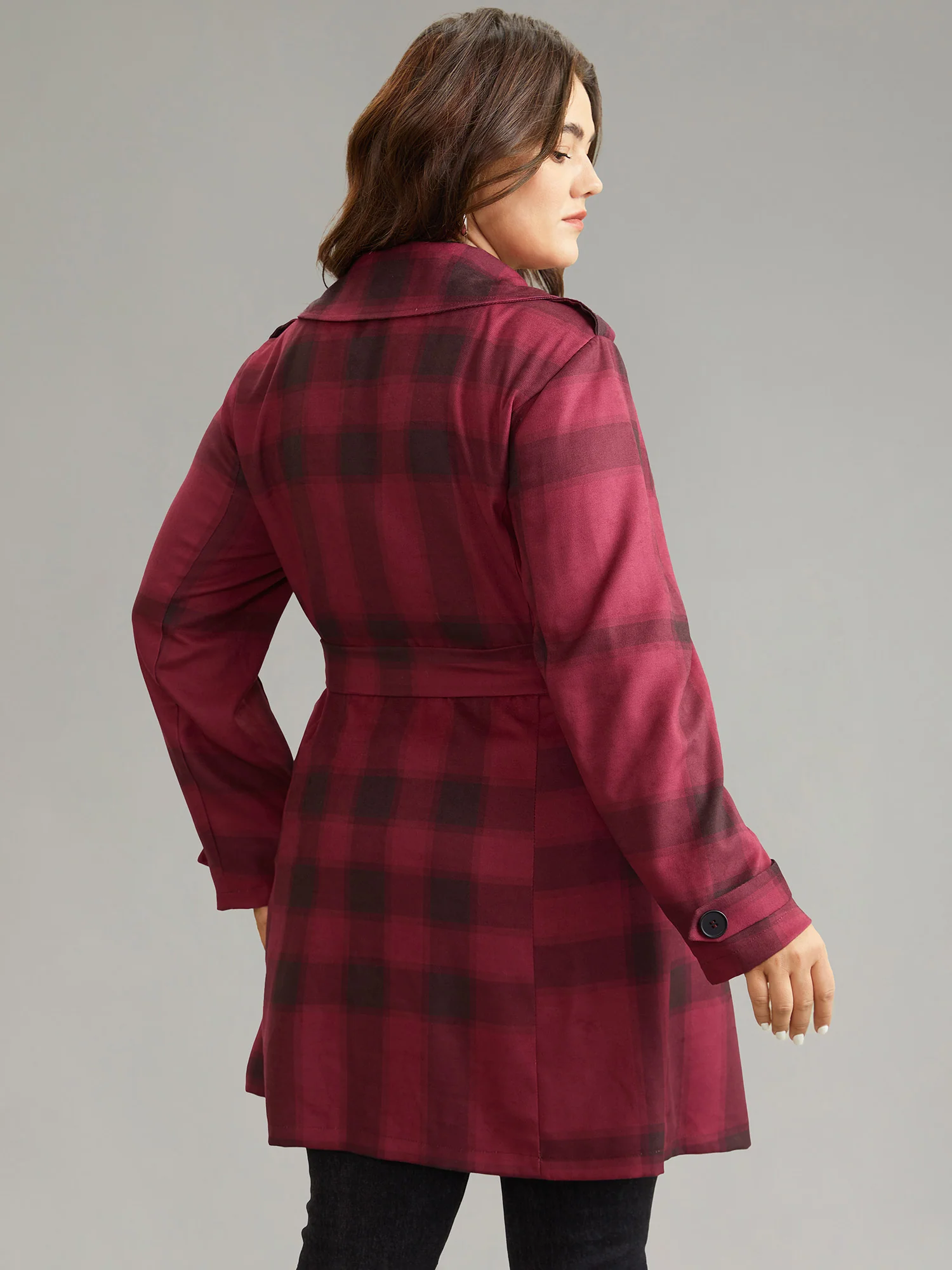 Lapel Collar Plaid Belted Double Breasted Coat - Image 5