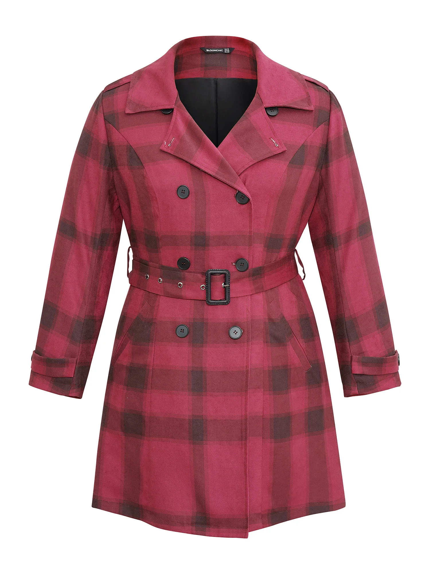 Lapel Collar Plaid Belted Double Breasted Coat - Image 6