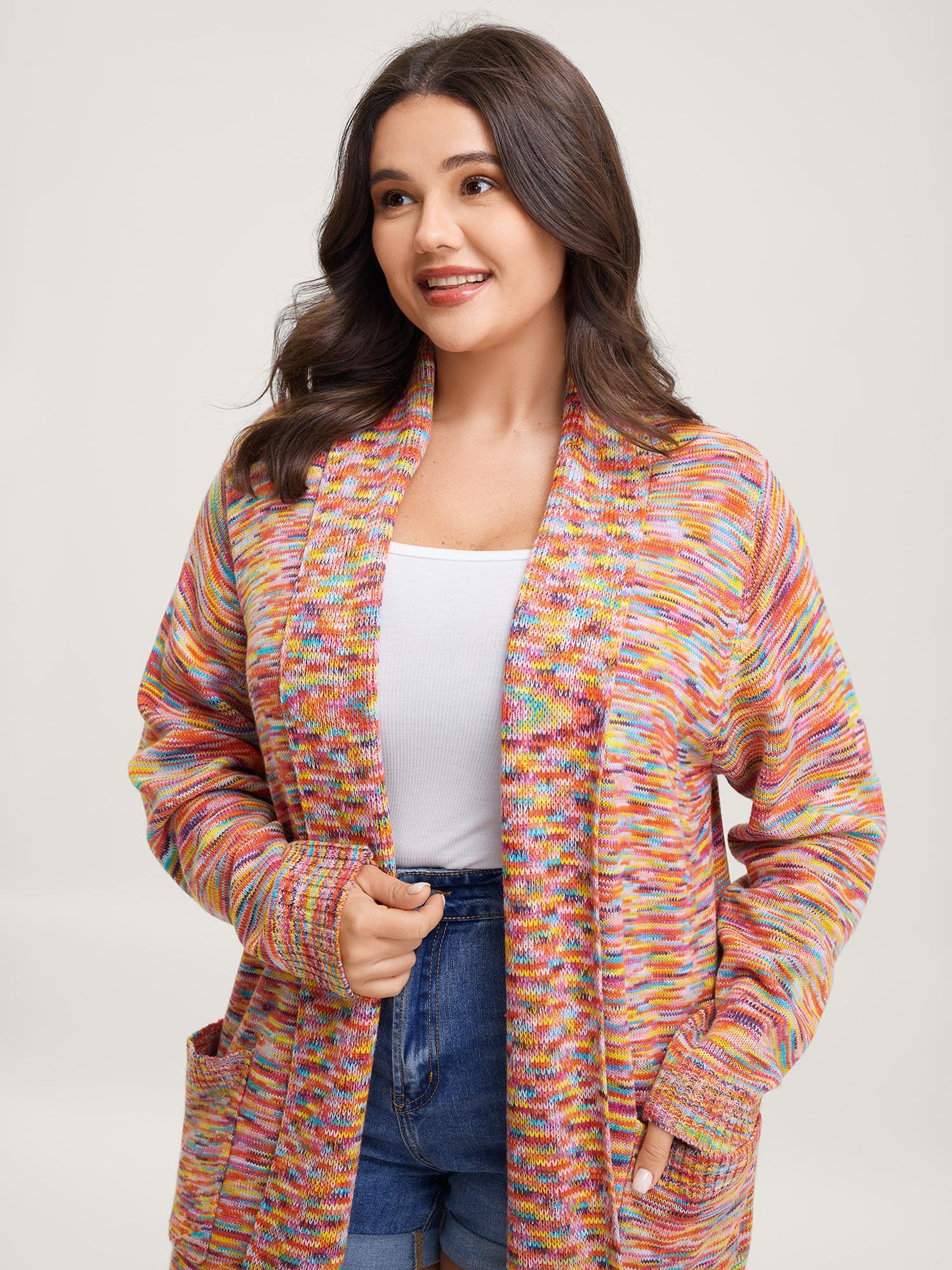 Lapel Collar Pockets Heather Knit Cardigan - Image 2