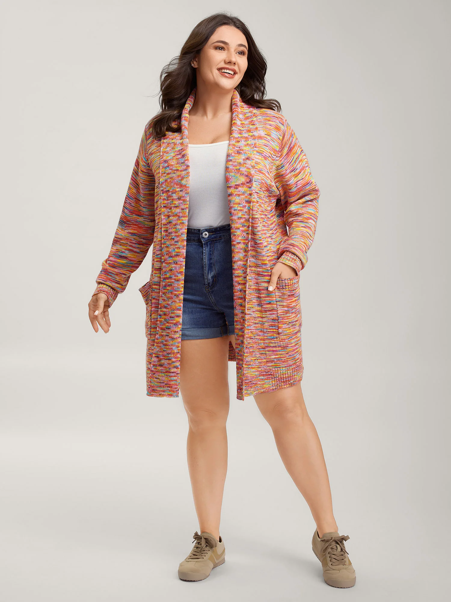 Lapel Collar Pockets Heather Knit Cardigan - Image 3