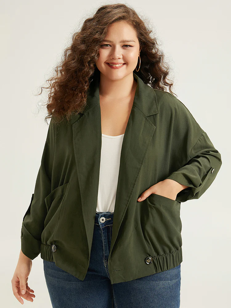 Lapel Collar Solid Gathered Tab Sleeve Jacket - Image 2