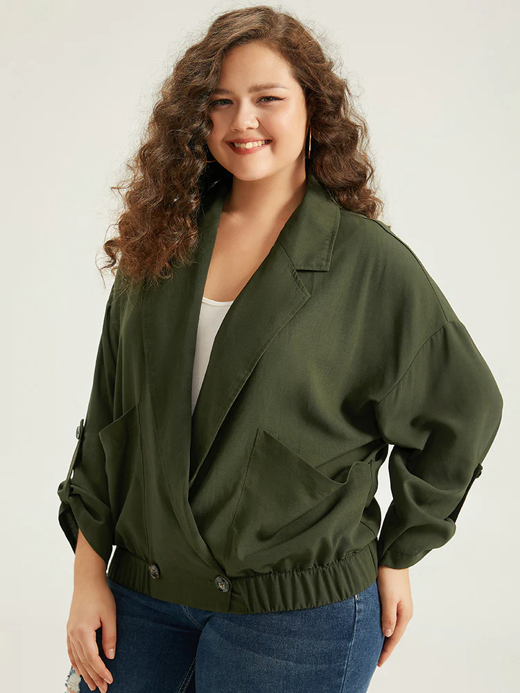 Lapel Collar Solid Gathered Tab Sleeve Jacket - Image 3
